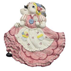 Ceramic rabbit trinket dish plate Omnibus Fitz And Floyd 1996 Pink White easter